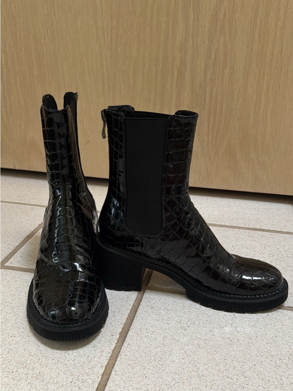 Patent Black Croc-Embossed Lace-Up Boots